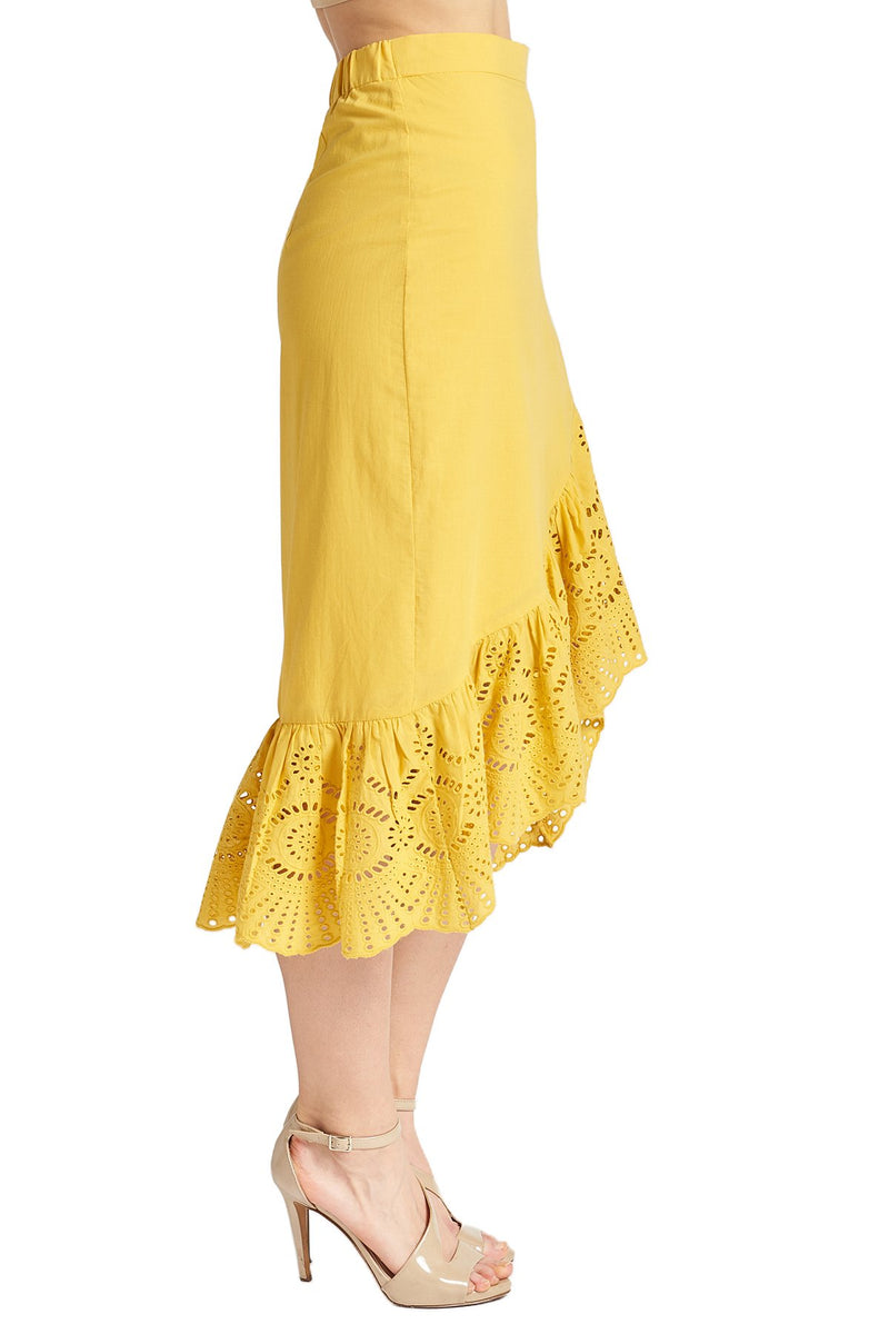 Aster Skirt - Cotton eyelet asymmetric hi-lo skirt marigold