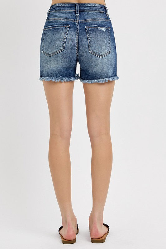 RISEN Distressed Raw Hem Denim Shorts