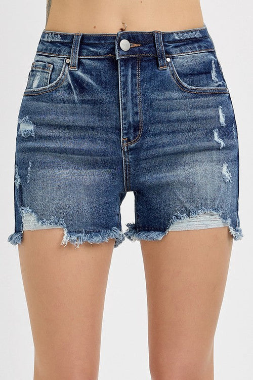 RISEN Distressed Raw Hem Denim Shorts