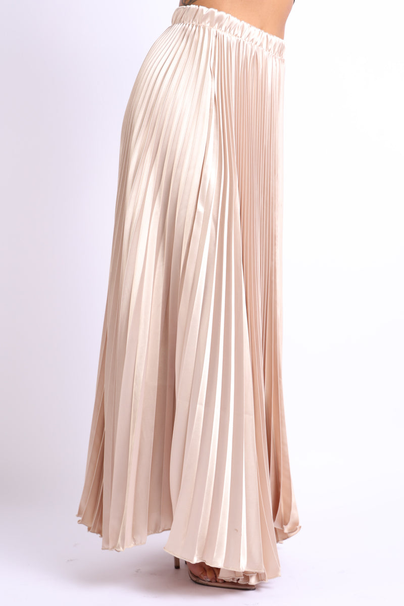 Elastic High Waist A-Line Pleated Satin Maxi Skirt TAUPE